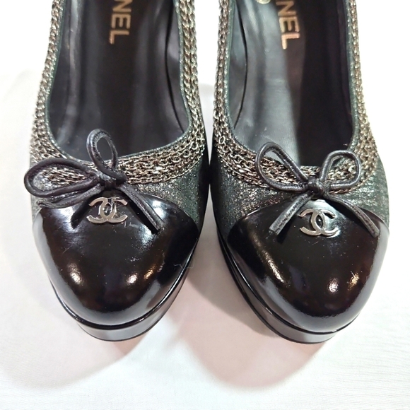 Chanel Black/Silver Suede & Black Patent Leather Platform Heels - Picture 7 of 9